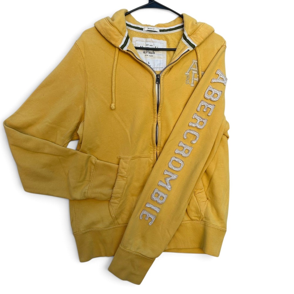 Vintage Abercrombie Fitch Muscle Hoodie Mens Large Yellow Y2K Logo Full Zip